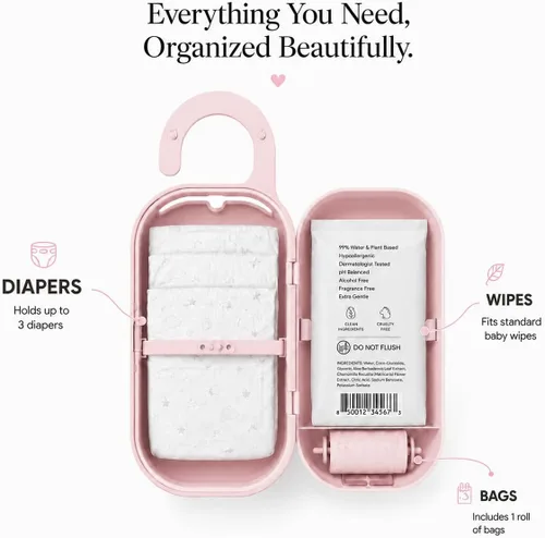 Vista 3 de Dispensador de toallitas para pañales rosa bebé Organizador portátil 3 en 1 para pañales, soporte para toallitas para bebés con bolsas desechables