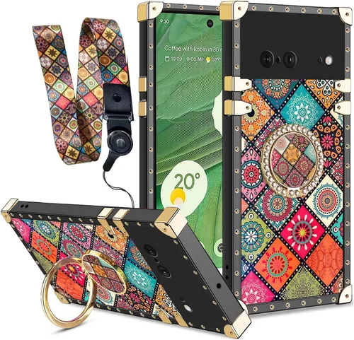 Vista 31 de nancheng Funda para Google Pixel 6 de lujo, diseño de abeja, corazón y abeja, chapado en oro, con anillo de diamante de 360°, correa de cordón