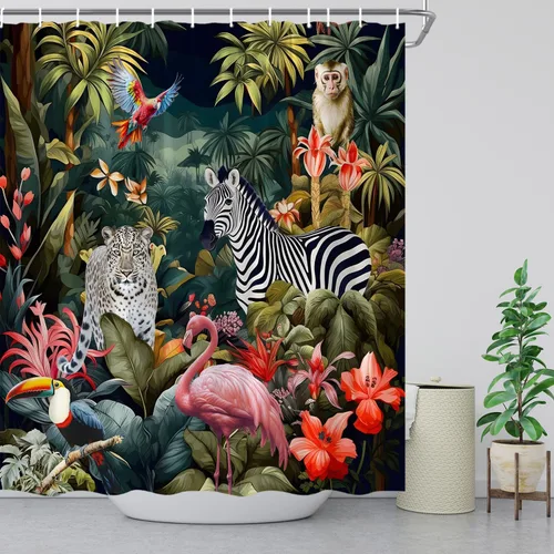Vista 3 de Cortina de ducha de animales de selva tropical, selva, leopardo, flamenco, cebra, loro, hoja de palmera, plantas verdes, vida silvestre, zoológico