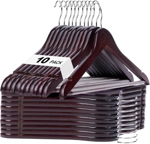 Vista 15 de HOUSE DAY - Paquete de 10 perchas de madera negra, percha de madera maciza con barra antideslizante para pantalones, percha de abrigo de madera Negro