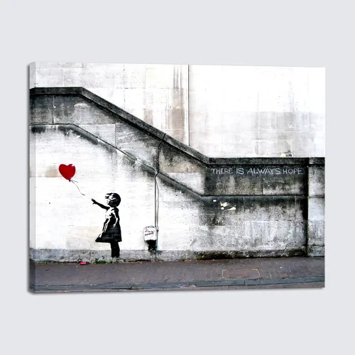 Vista 10 de Wieco Art Lienzo enmarcado para pared, impresiones en lienzo Giclée de Banksy Grafitti Girl con globo rojo, ilustraciones abstractas para decoración