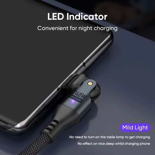Vista 7 de Cable de carga USB-C, cable USB-C de 240 W, 6 pies, carga rápida, cable de carga giratorio de nailon resistente con cabezal giratorio de 180 grados