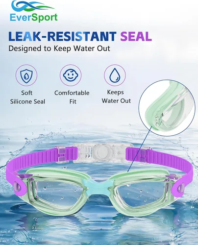 Vista 6 de EverSport Gafas de natación para niños, paquete de 2 gafas de natación para niños y adolescentes, gafas de natación antivaho anti-UV para jóvenes