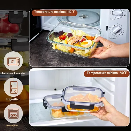 Vista 3 de Paquete de 8 recipientes de vidrio para comida preparada con tapas, juego de almacenamiento de alimentos extra grueso hermético