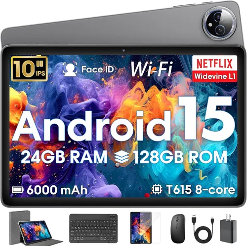 Vista 9 de Tablet Android 15 de 10 pulgadas, 24GB RAM 128GB ROM, Tabletas con Funda de Teclado Ratón Stylus, 1TB Expandible, Octa-Core 6000mAh 1280x800 IPS HD