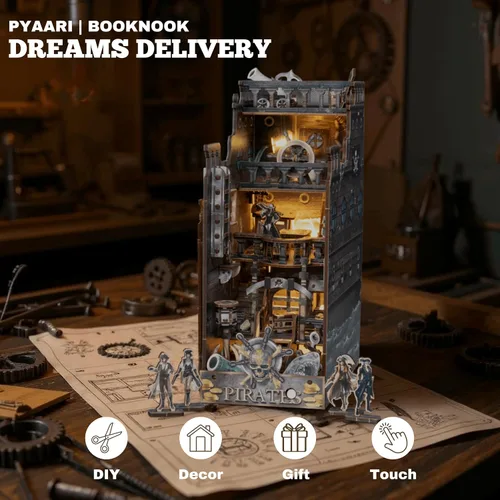 Vista 2 de Dreams Delivery - Kit de rincón de libro, barco pirata de 172 piezas, kit de casa en miniatura LED para bricolaje, rompecabezas de madera 3D, kit