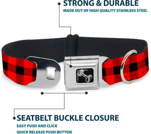 Vista 4 de Buckle-Down Collar de perro con hebilla de cinturón de seguridad, diseño a cuadros de búfalo, color negro/rojo, 1 pulgada de ancho, se adapta a