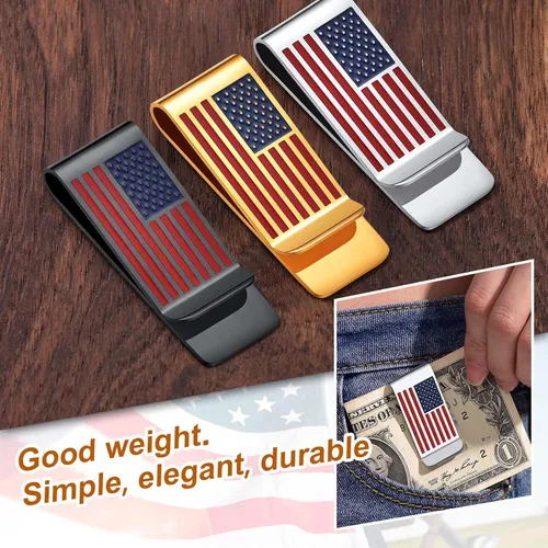 Vista 7 de ChainsProMax Puede grabar clip de dinero para hombre, patrón de bandera de Estados Unidosbéisbol, patrón de caja, acero inoxidablechapado en oro