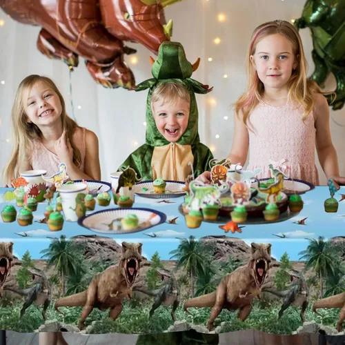 Vista 3 de 2 manteles de fiesta de dinosaurios de 54 x 108 pulgadas, desechables, de plástico, con estampado de dinosaurios, para niños, decoración