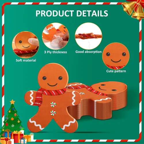 Vista 4 de Honoson 100 servilletas de Navidad a granel de 3 capas desechables de papel de pan de jengibre para hombre, servilletas de mano desechables