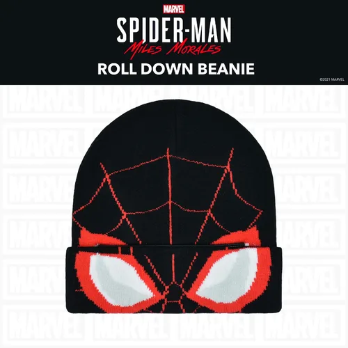 Vista 2 de Concept One Marvel Spider-Man Miles Morales Roll Down Cuff Beanie Hat, Knitted Winter Skull Cap