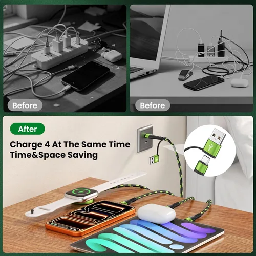 Vista 2 de Cable de carga múltiple 4 en 2 con cargador iWatch, 1 paquete de 5 Negro _ verde