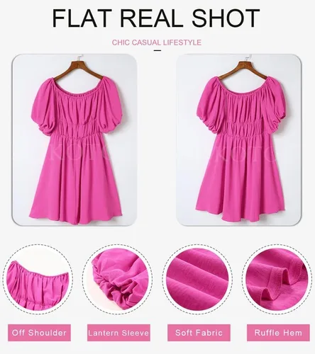 Vista 2 de Dokotoo Vestidos de verano para mujer, con hombros descubiertos, manga corta farol, con volantes, cintura elástica, acampanado, minivestido casual