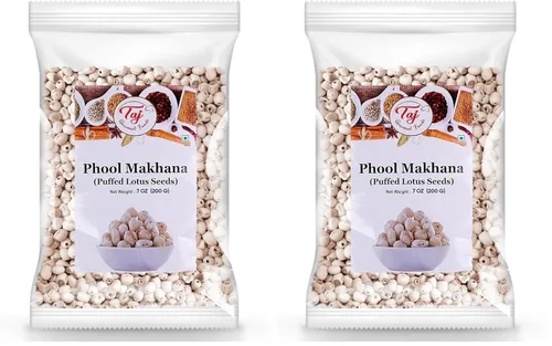 Vista 9 de TAJ Phool Makhana sin cocer 7 onzas (7.05 oz) Nuez de zorro, semillas de loto reventadas