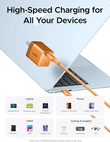 Vista 9 de UGREEN Nexode Air - Bloque de carga USB C GaN de 65 W con cable de 3.3 pies Naranja