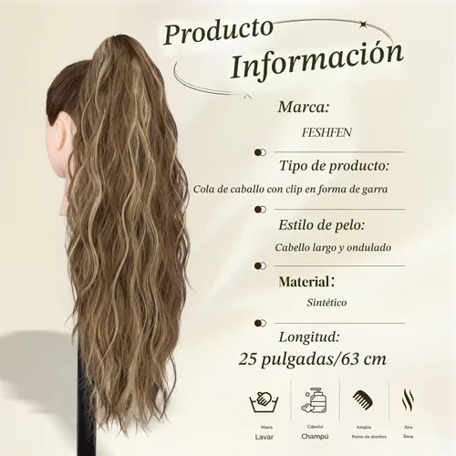 Vista 5 de FESHFEN Extensiones de Cola de Caballo, Pieza de Cabello de Cola de Caballo Larga con Pinza de Garra, Pieza de Cabello Sintético de Colas de Caballo