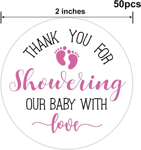 Vista 4 de 50 calcomanías rosadas para baby shower, con texto en inglés "Thank You for Showering Our Baby with Love", regalos de baby shower para niñas