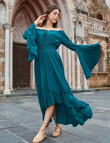 Vista 7 de Scarlet Darkness Disfraz de feria renacentista para mujer, vestido de manga larga acampanada con hombros descubiertos, vestido alto y bajo