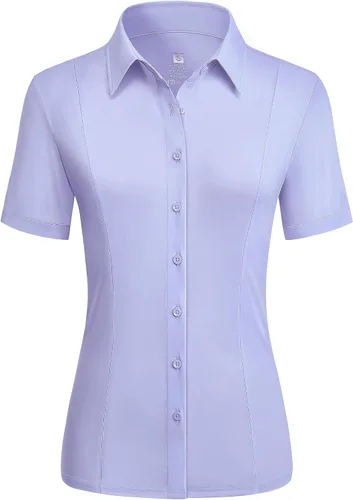 Vista 9 de Camisas con botones para mujer, elásticas, de manga corta, con cuello, sin arrugas, básica, de negocios, blusa de trabajo