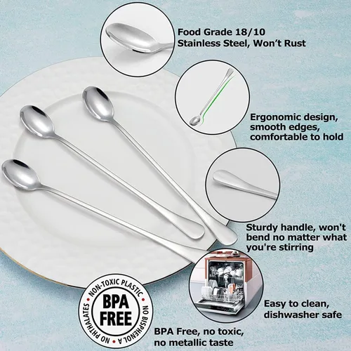 Vista 3 de Paquete de 8 cucharas de cóctel de mango largo de 9 pulgadas, cucharas de té helado de acero inoxidable para café y helado, cucharas para mezclar