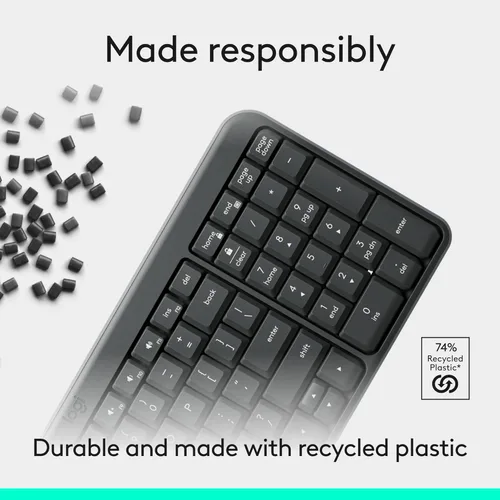 Vista 6 de Logitech Teclado Bluetooth K250 con teclado numérico, fácil conectividad, teclado inalámbrico compacto fabricado con plástico reciclado, resistente