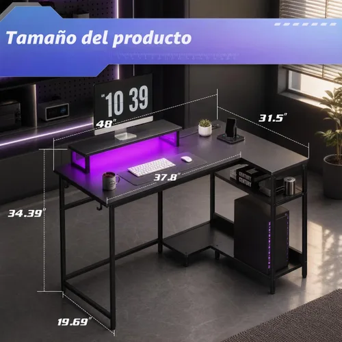 Vista 2 de DEVAISE Escritorio para juegos en forma de L de 47 pulgadas con luces LED y tomas de corriente, escritorio de esquina para espacios pequeños, mesa