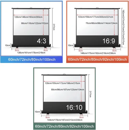 Vista 7 de Pantalla de proyector, portátil, independiente, para suelo, 4:3/16:9/16:10, pantalla de proyección plegable de escritorio, gran angular de 178°