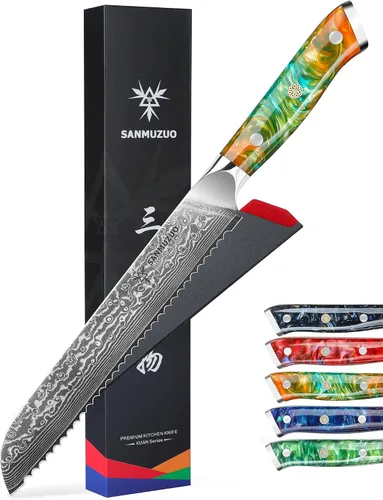 Vista 8 de Cuchillo de chef de cocina dentado de 8 pulgadas, mango de acero y resina de Damasco - Serie Xuan (negro estrellado)