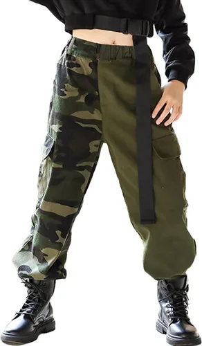 Vista 8 de Rolanko - Pantalones cargo para niñas, ropa callejera holgada, de hip hop, para bailar, de algodón, jogger para niños de 4 a 15 años Verde militar
