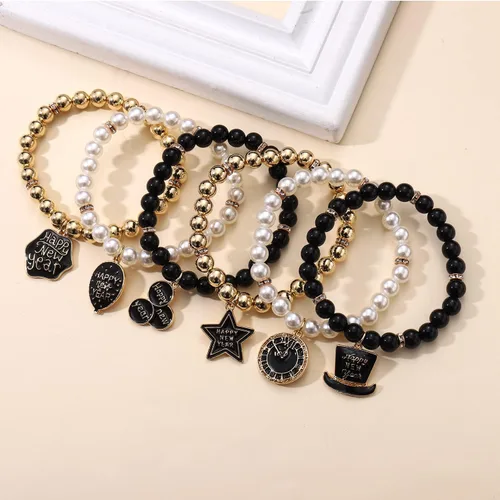 Vista 2 de PHALIN Pulseras de feliz año nuevo para mujer, pulseras elásticas con cuentas de perlas CCB, pulsera brillante con dije de estrellas, pulsera de Año