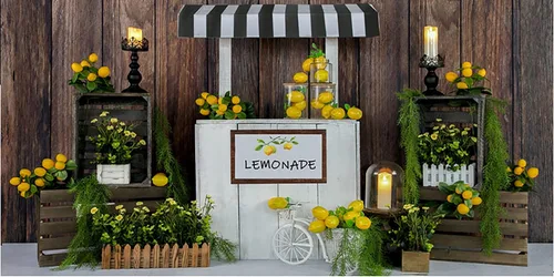 Vista 6 de Kate Telón de fondo de tienda de limones de 7 x 5 pies para fotografía de verano para niños, decoración de fiesta de cumpleaños, fondos de fotos