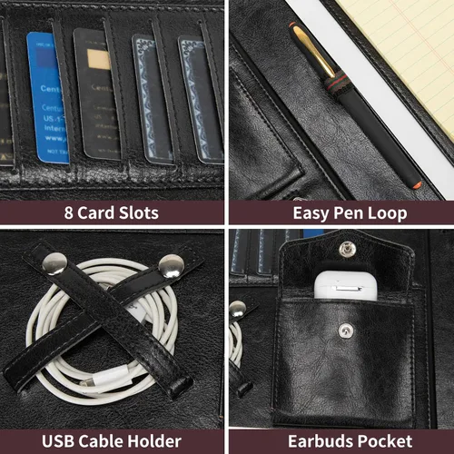 Vista 8 de Portafolio de cuero vegano para tamaño legal (8.5 x 14 pulgadas), portafolio portapapeles con asa, soporte para laptop de 15 pulgadas, organizador