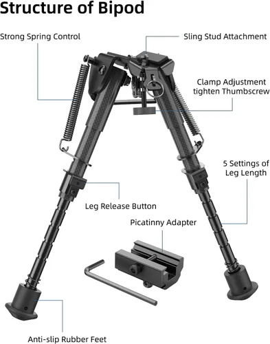 Vista 3 de EZshoot Carbon Fiber Rifle Bipod, 6-9 Inches, Picatinny Rail Adapter