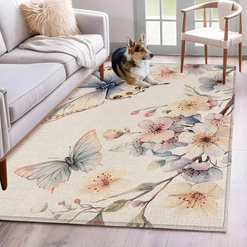 Vista 15 de Small Area Rugs 2x3 Ft, Spring Flowers Non-Slip Area Rugs for Living Room Bedroom Entryway, Watercolor Botanical Floral Butterfly Washable Carpet