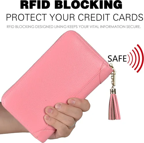 Vista 4 de Easyoulife - Monedero de cuero con cremallera, billetera portatarjetas para mujer, bloqueo RFID
