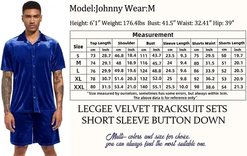 Vista 6 de LecGee Conjuntos de Pantalones Cortos Casuales de Verano para Hombres Camisa de Terciopelo de Manga Corta con Botones Pantalones Cortos de Cintura