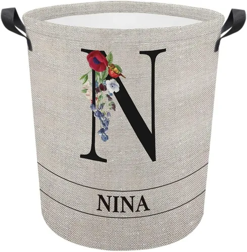 Vista 15 de Cesta de lavandería con inicial floral personalizada, monograma, nombre personalizado, flores y pájaros, cesta de ropa plegable de tela, caja
