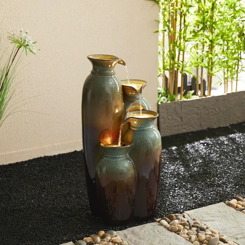 Vista 13 de Glitzhome - Fuente de jardín de 27.25" de alto con luces LED y bomba, fuente de agua para exteriores de 4 niveles con patrón en relieve azul Azul