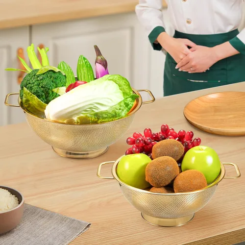 Vista 6 de Colador dorado para cocina, 3 cuartos de galón, colador de acero inoxidable con asa para frutas, verduras, cocinar alimentos, apto para lavavajillas