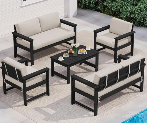Vista 40 de SERWALL Juego de sofá de 2 piezas de sillón Adirondack acolchado de Marco negro/cojín gris