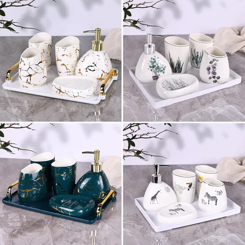 Vista 7 de Juego de accesorios de baño blancos, decoración moderna de baño de encimera, juego de accesorios de baño de lujo de 6 piezas, completo con Animal
