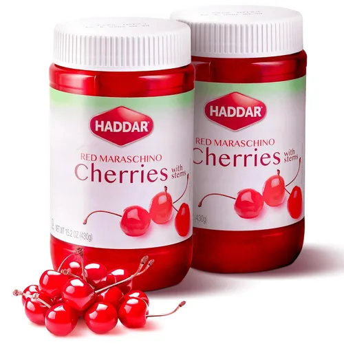 Vista 8 de Haddar Cerezas marrasquinas rojas con tallos, 12.6 onzas Cerezas de cóctel a la antigua Cerezas dulces y vibrantes para adornar postres