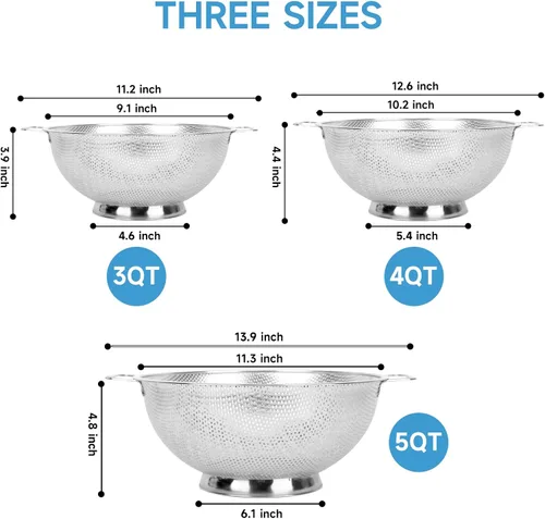 Vista 2 de Colador para cocina, 3QT, colador filtro de acero inoxidable con asa para frutas, verduras, cocinar alimentos, apto para lavavajillas