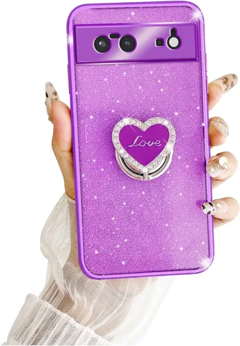 Vista 7 de Funda protectora transparente de 3 capas con anillo bonito soporte, para mujeres y niñas, para Pixel 6 2021 (lavanda)