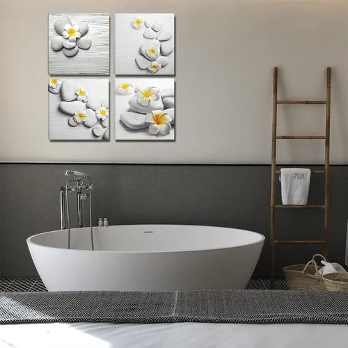 Vista 3 de Lienzo decorativo para pared, 4 piezas, decoración de baño, arte de pared, cuadros amarillos y grises, flores y piedra de guijarro, cuadros modernos