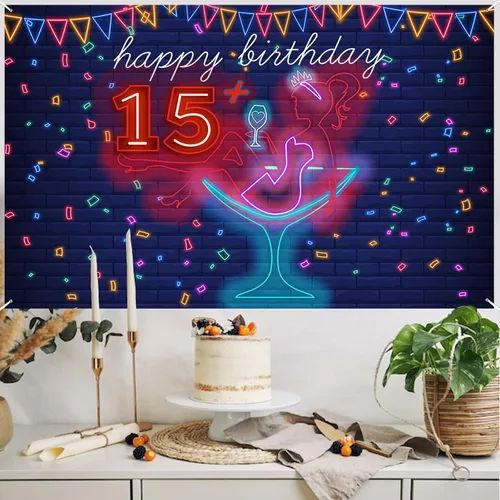 Vista 7 de Cartel de neón con texto en inglés «Happy 15» Birthday Girl Happy 15 Birthday Banner «Cheers to 15 años» de tacón alto, maquillaje para decoración