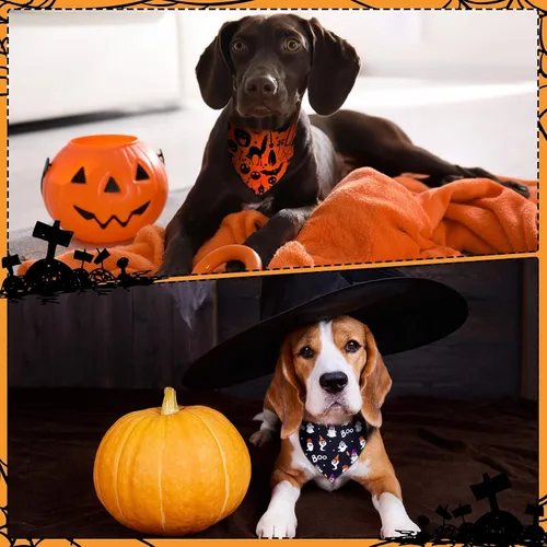 Vista 3 de Newwiee - 200 bandanas de Halloween para perro, diseño de fantasma, grandes Bufanda triangular para mascotas, patrón de calabaza, murciélago