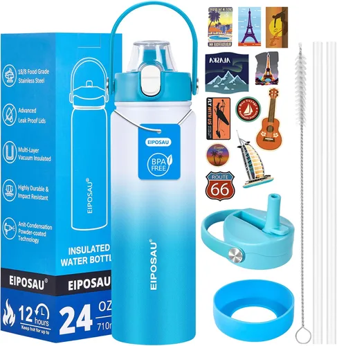 Vista 24 de Botella de agua aislada con tapa, bota y calcomanías, botella de acero inoxidable de 24 onzas, sin sudor, mantiene el frío las 24 horas, botella