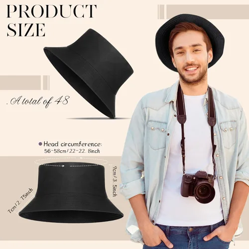 Vista 2 de 48 unidades de sombreros de pescador negros unisex negros sombreros de pescador de algodón a granel de ala ancha sombrero de pescador para verano