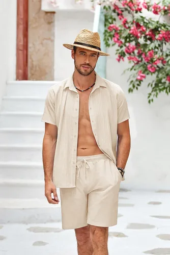 Vista 2 de COOFANDY Conjunto de ropa de playa de algodón Guayabera para hombre, conjunto corto de lino de 2 piezas